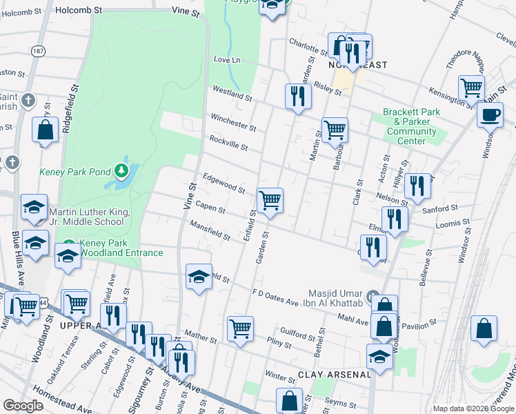 map of restaurants, bars, coffee shops, grocery stores, and more near 191 Enfield Street in Hartford