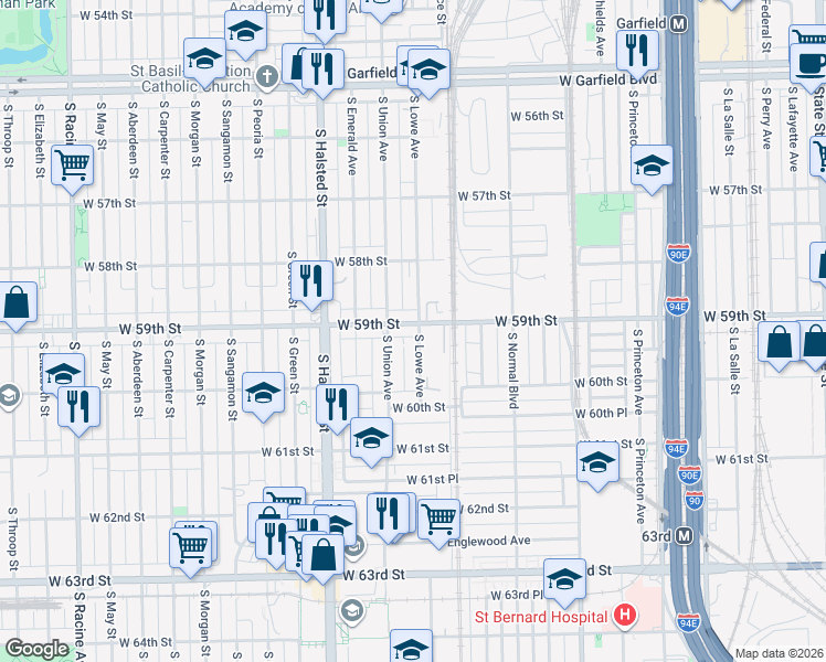 map of restaurants, bars, coffee shops, grocery stores, and more near 637 West 59th Street in Chicago