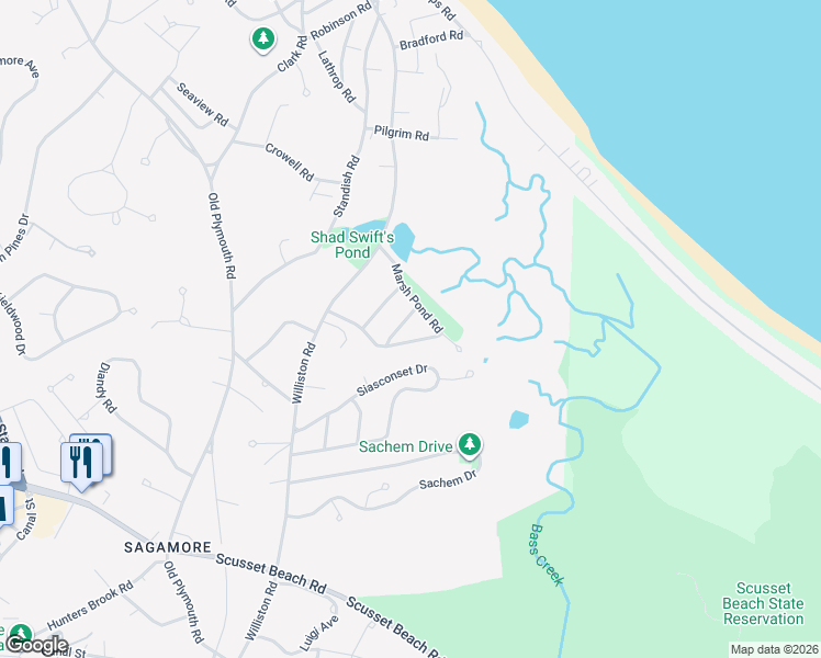 map of restaurants, bars, coffee shops, grocery stores, and more near 16 Marsh Pond Road in Bourne