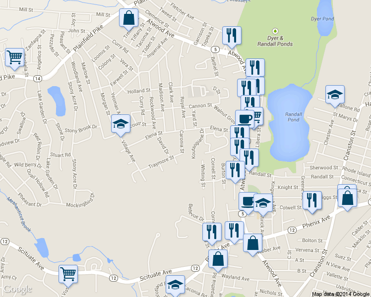 map of restaurants, bars, coffee shops, grocery stores, and more near 30 Caronia Street in Cranston