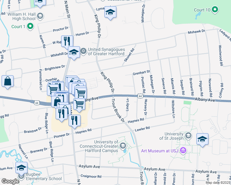 map of restaurants, bars, coffee shops, grocery stores, and more near 2376 Albany Avenue in West Hartford