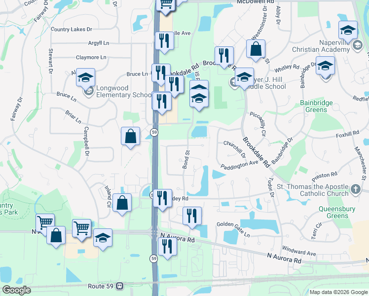 map of restaurants, bars, coffee shops, grocery stores, and more near 1064 Sheridan Circle in Naperville