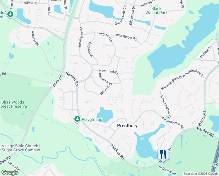map of restaurants, bars, coffee shops, grocery stores, and more near 45 Hillcrest Drive in Sugar Grove