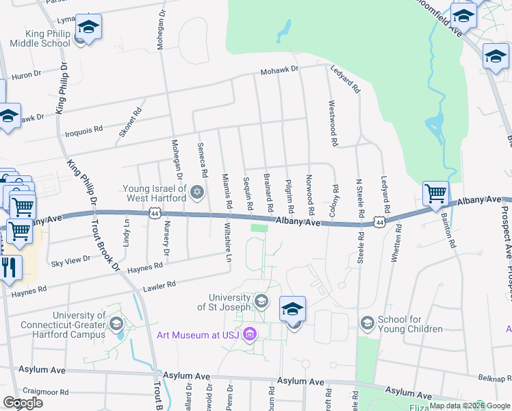 map of restaurants, bars, coffee shops, grocery stores, and more near 8 Sequin Road in West Hartford