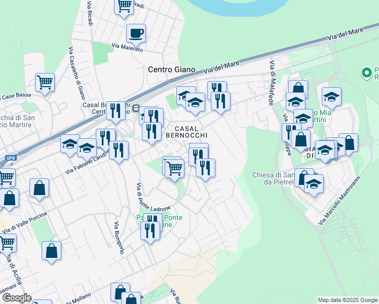 map of restaurants, bars, coffee shops, grocery stores, and more near 33 Via Michele Barbi in Città metropolitana di Roma Capitale