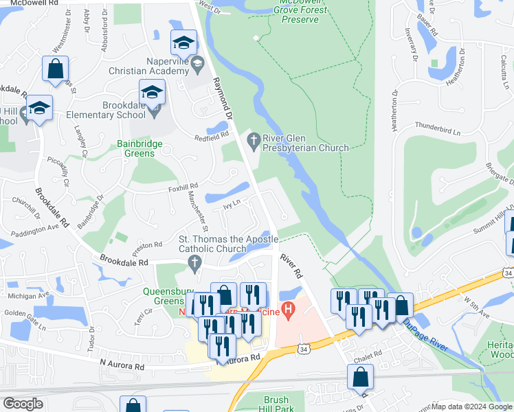 map of restaurants, bars, coffee shops, grocery stores, and more near 1333 Branchwood Circle in Naperville
