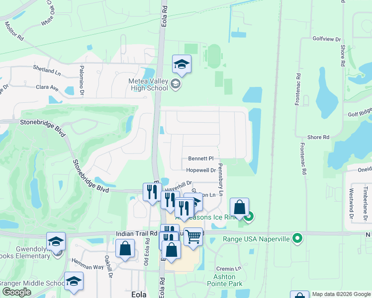 map of restaurants, bars, coffee shops, grocery stores, and more near 1315 Burnett Road in Aurora