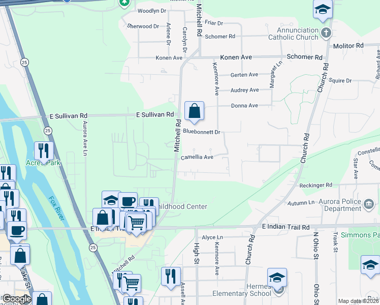 map of restaurants, bars, coffee shops, grocery stores, and more near 544 Camellia Avenue in Aurora