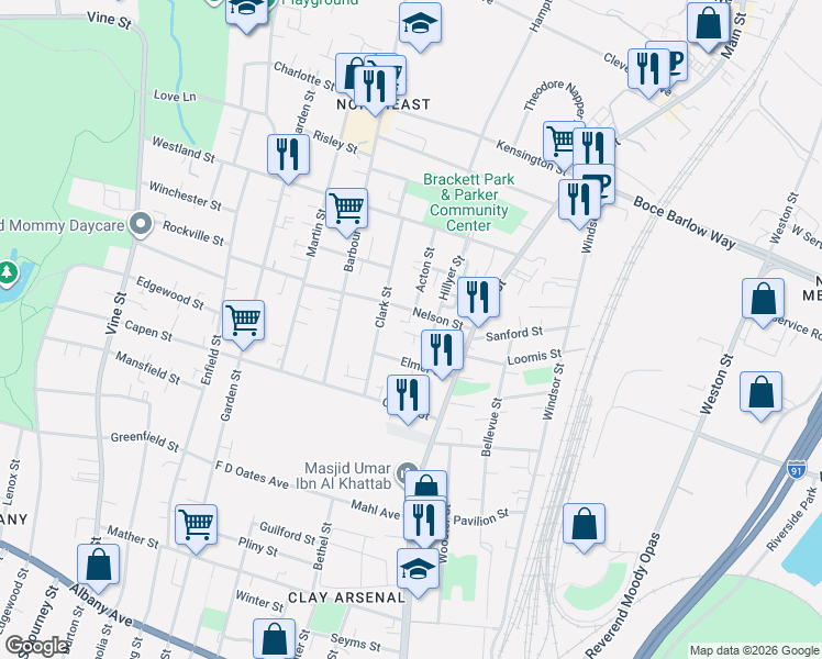 map of restaurants, bars, coffee shops, grocery stores, and more near 9 West Clay Street in Hartford