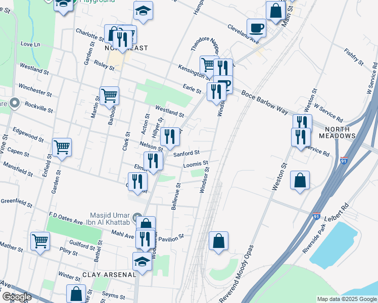 map of restaurants, bars, coffee shops, grocery stores, and more near 38 Sanford Street in Hartford