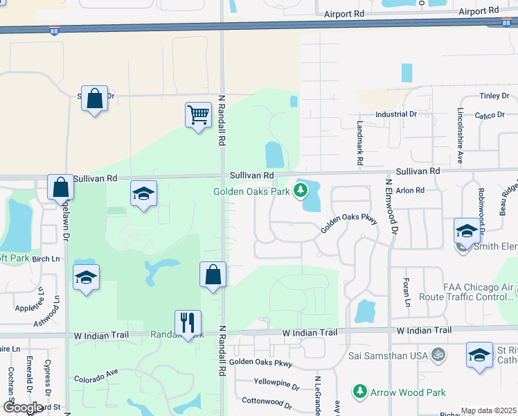map of restaurants, bars, coffee shops, grocery stores, and more near 1572 Golden Oaks Parkway in Aurora