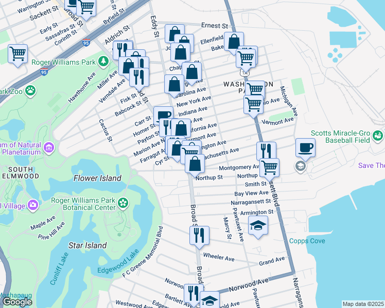 map of restaurants, bars, coffee shops, grocery stores, and more near 294 Washington Avenue in Providence