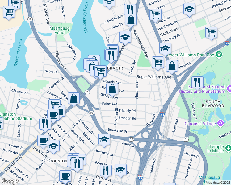 map of restaurants, bars, coffee shops, grocery stores, and more near 140 Rutherglen Avenue in Providence