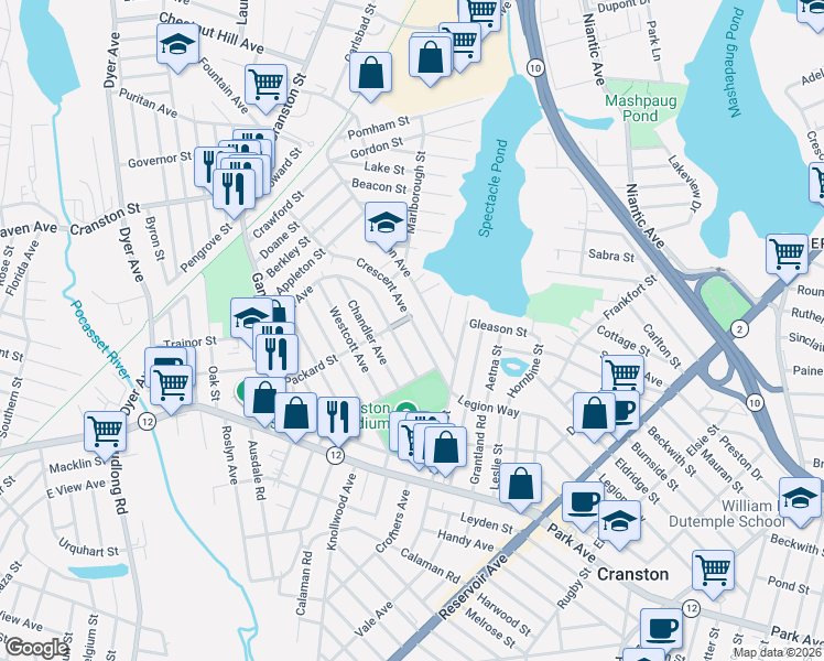 map of restaurants, bars, coffee shops, grocery stores, and more near 115 Fiat Avenue in Cranston