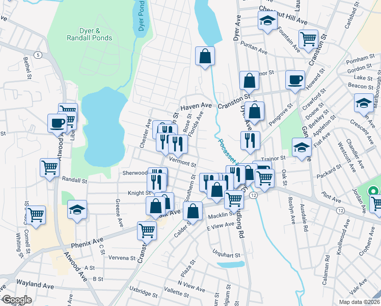 map of restaurants, bars, coffee shops, grocery stores, and more near 51 New Hampshire Street in Cranston