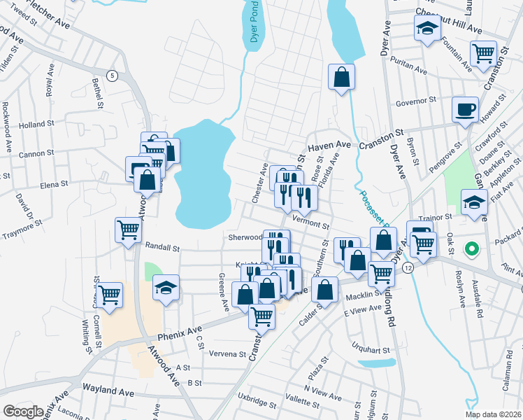 map of restaurants, bars, coffee shops, grocery stores, and more near 19 Cavalry Street in Cranston