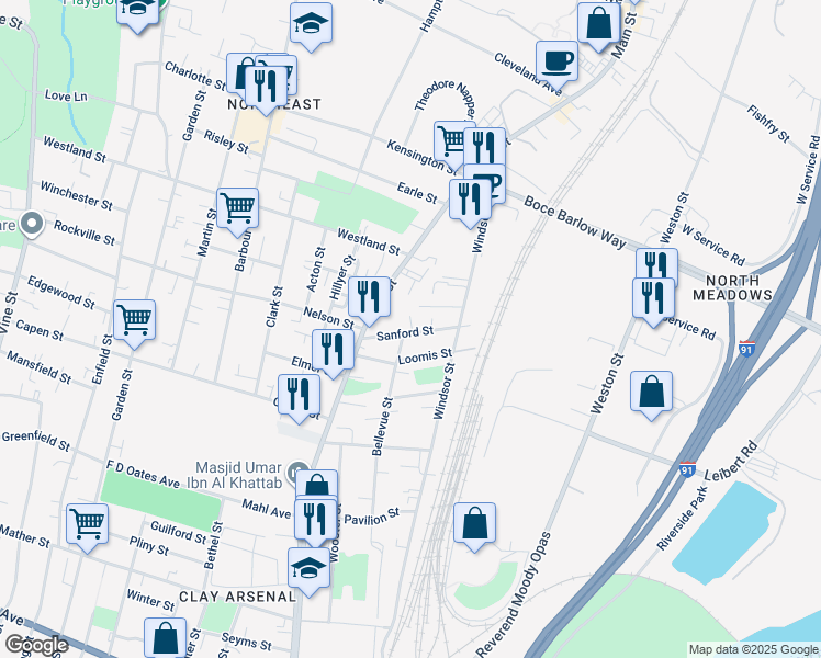 map of restaurants, bars, coffee shops, grocery stores, and more near 36 Sanford Street in Hartford