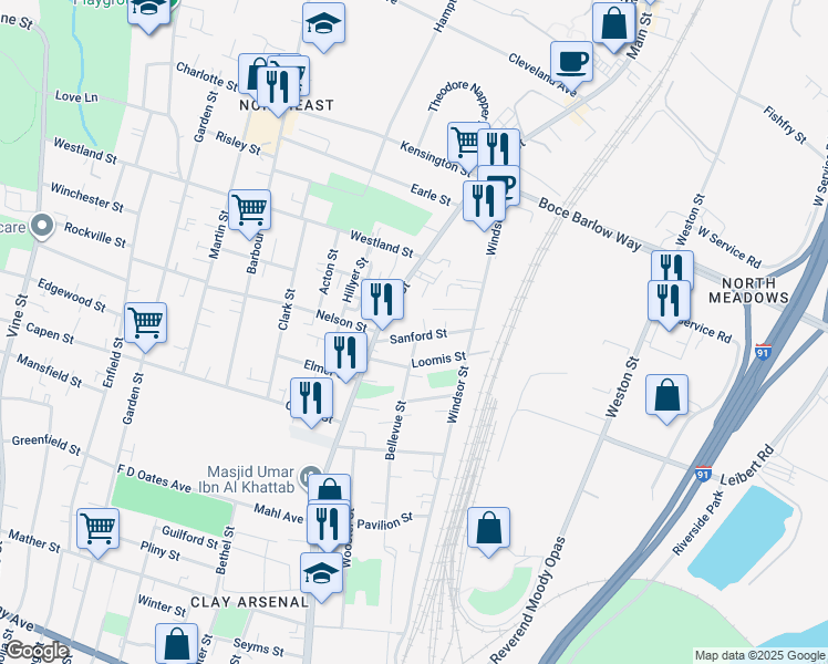 map of restaurants, bars, coffee shops, grocery stores, and more near 36 Sanford Street in Hartford