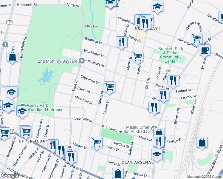 map of restaurants, bars, coffee shops, grocery stores, and more near in Hartford
