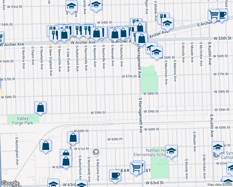 map of restaurants, bars, coffee shops, grocery stores, and more near 5754 South Natchez Avenue in Chicago