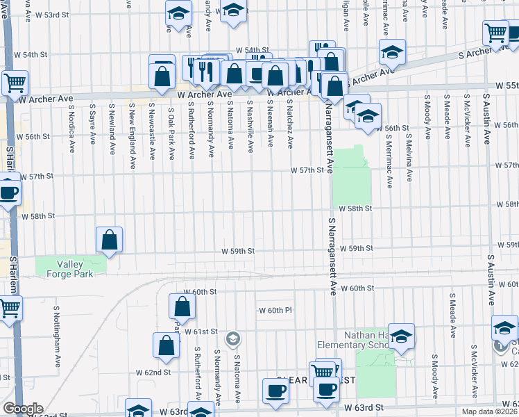 map of restaurants, bars, coffee shops, grocery stores, and more near 5755 South Nashville Avenue in Chicago