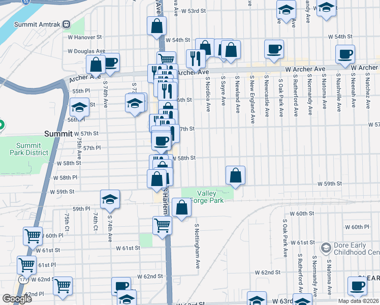 map of restaurants, bars, coffee shops, grocery stores, and more near 5747 South Neva Avenue in Chicago