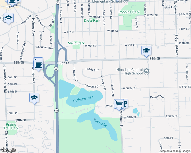map of restaurants, bars, coffee shops, grocery stores, and more near 613 West 56th Street in Hinsdale