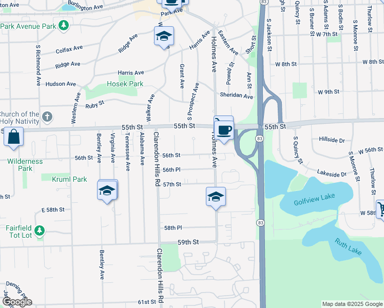 map of restaurants, bars, coffee shops, grocery stores, and more near 5530 Barclay Court in Clarendon Hills
