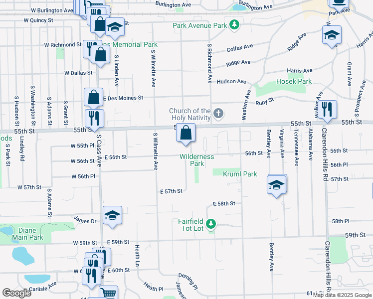 map of restaurants, bars, coffee shops, grocery stores, and more near 424 Oak Avenue in Westmont