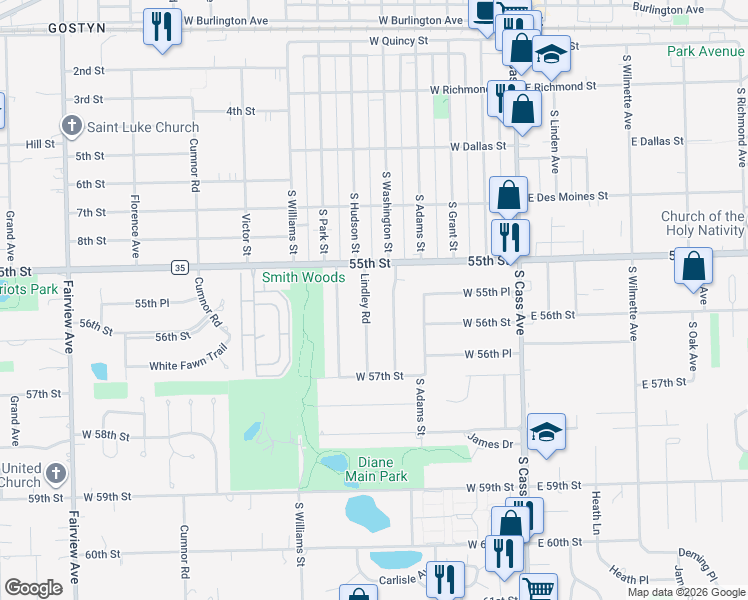 map of restaurants, bars, coffee shops, grocery stores, and more near 424 South Washington Street in Westmont