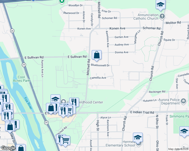 map of restaurants, bars, coffee shops, grocery stores, and more near 544 Camellia Avenue in Aurora