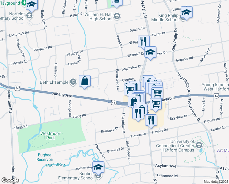 map of restaurants, bars, coffee shops, grocery stores, and more near 35 Farmstead Lane in West Hartford