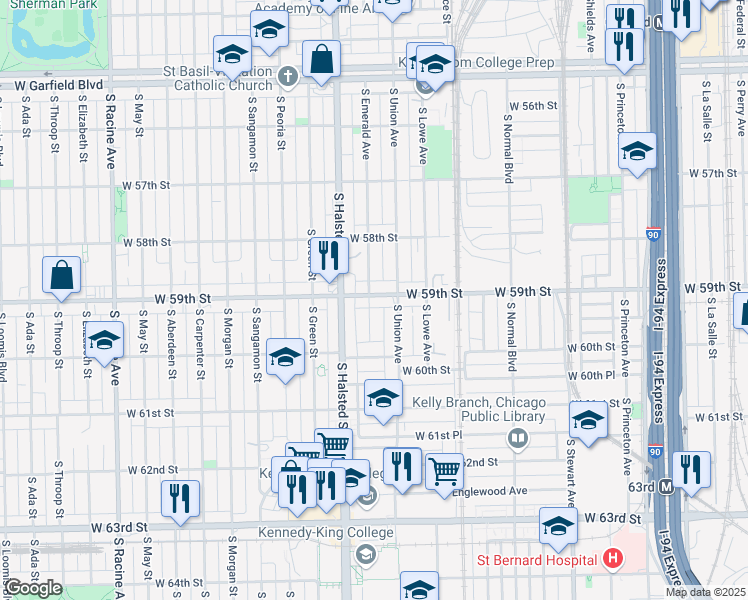 map of restaurants, bars, coffee shops, grocery stores, and more near 725 West 59th Street in Chicago