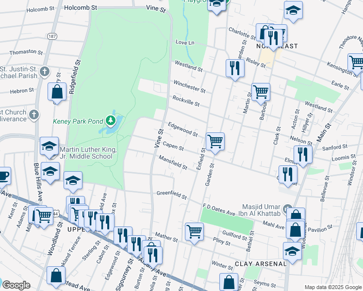 map of restaurants, bars, coffee shops, grocery stores, and more near 280 Capen Street in Hartford