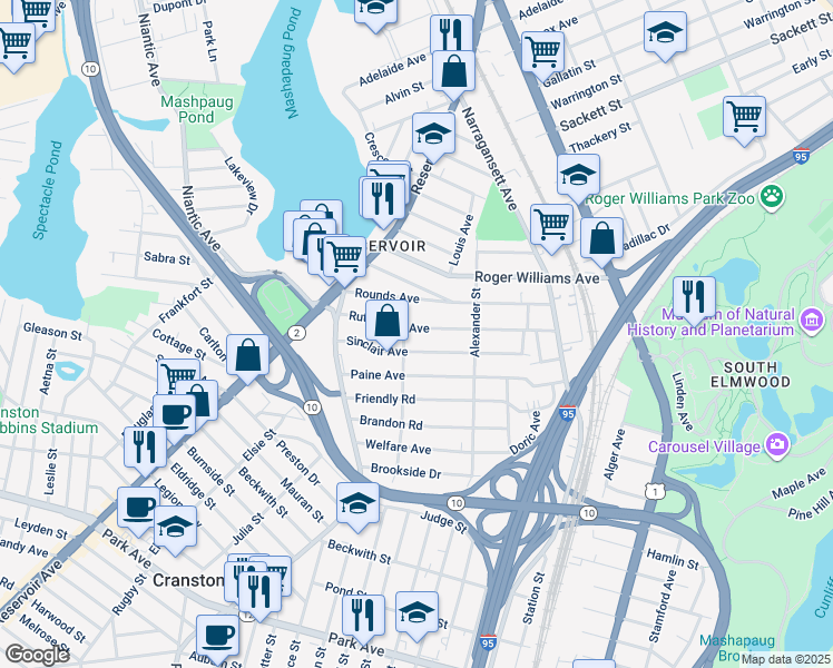 map of restaurants, bars, coffee shops, grocery stores, and more near 140 Rutherglen Avenue in Providence