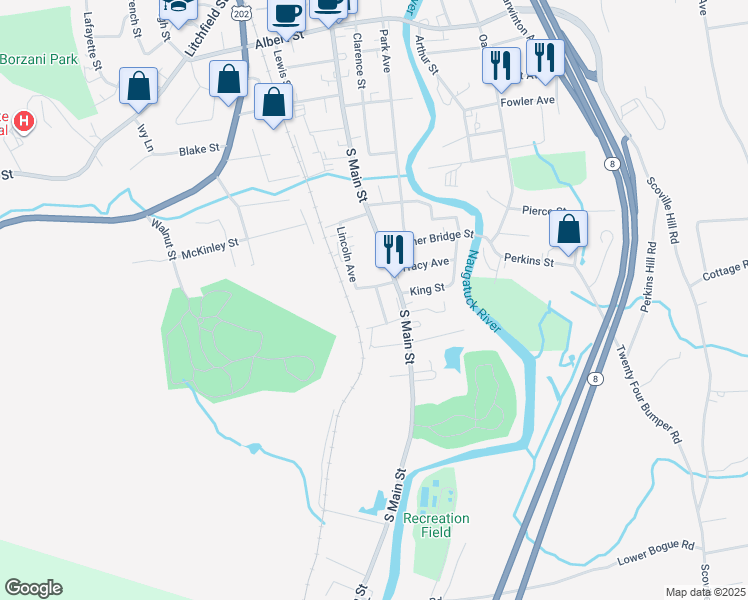 map of restaurants, bars, coffee shops, grocery stores, and more near 16 South Chapel Street in Torrington