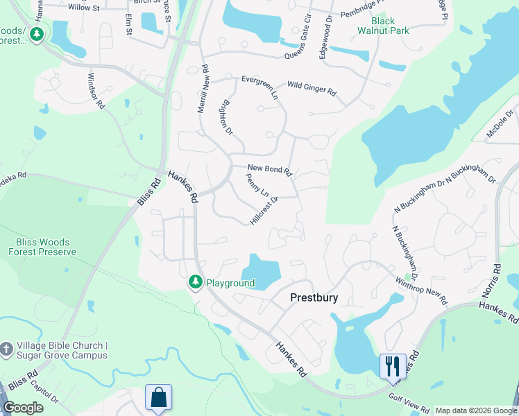 map of restaurants, bars, coffee shops, grocery stores, and more near 45 Hillcrest Drive in Sugar Grove