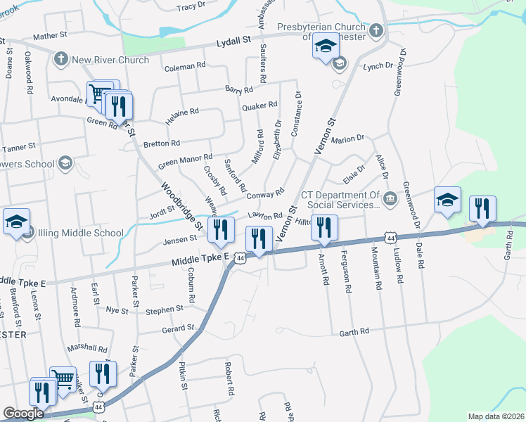 map of restaurants, bars, coffee shops, grocery stores, and more near 19 Denver Road in Manchester