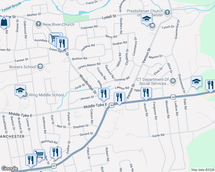map of restaurants, bars, coffee shops, grocery stores, and more near 26 Conway Road in Manchester
