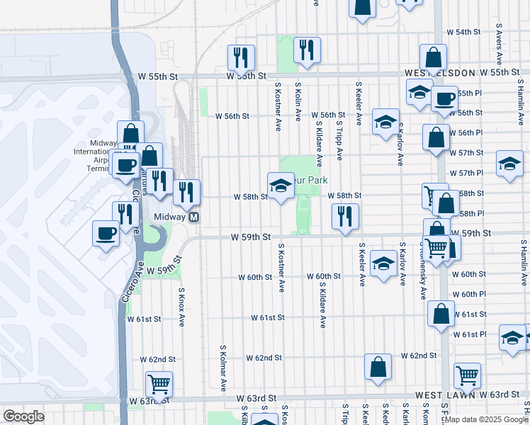 map of restaurants, bars, coffee shops, grocery stores, and more near 5823 South Kenneth Avenue in Chicago