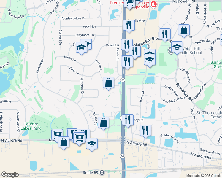 map of restaurants, bars, coffee shops, grocery stores, and more near 30 Vista Circle in Naperville