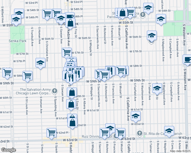 map of restaurants, bars, coffee shops, grocery stores, and more near 5842 South Sacramento Avenue in Chicago