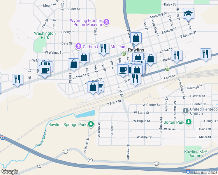 map of restaurants, bars, coffee shops, grocery stores, and more near 124 7th Street in Rawlins