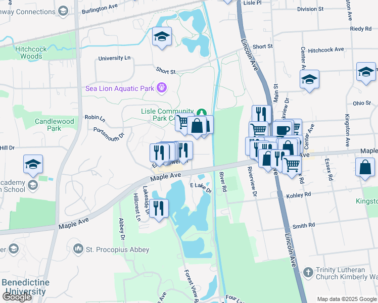map of restaurants, bars, coffee shops, grocery stores, and more near 1500 Patton Drive in Lisle