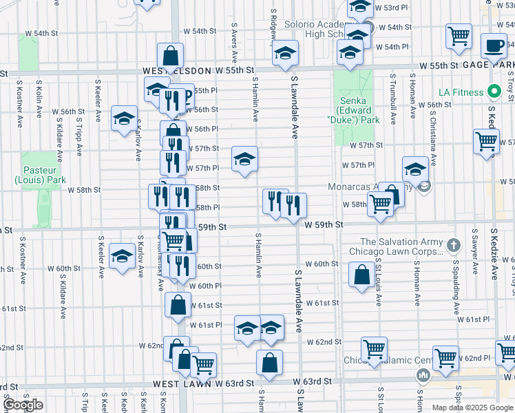 map of restaurants, bars, coffee shops, grocery stores, and more near West 58th Place in Chicago