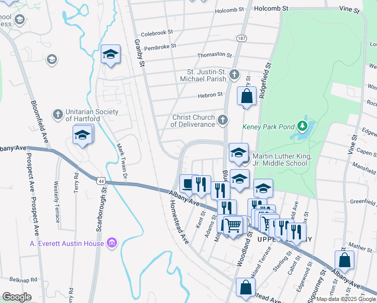 map of restaurants, bars, coffee shops, grocery stores, and more near 82 Westbourne Parkway in Hartford
