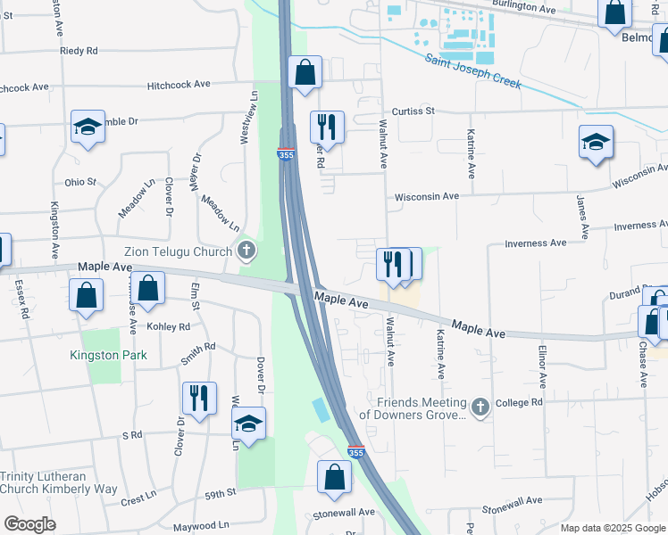 map of restaurants, bars, coffee shops, grocery stores, and more near 2900 Maple Avenue in Downers Grove