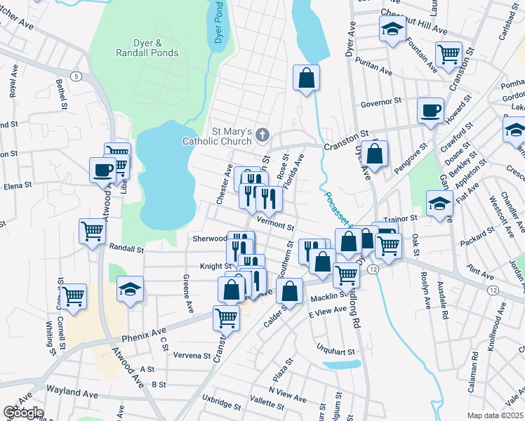 map of restaurants, bars, coffee shops, grocery stores, and more near 18 New Hampshire Street in Cranston