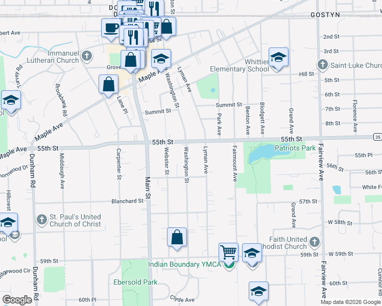 map of restaurants, bars, coffee shops, grocery stores, and more near 5517 Washington Street in Downers Grove