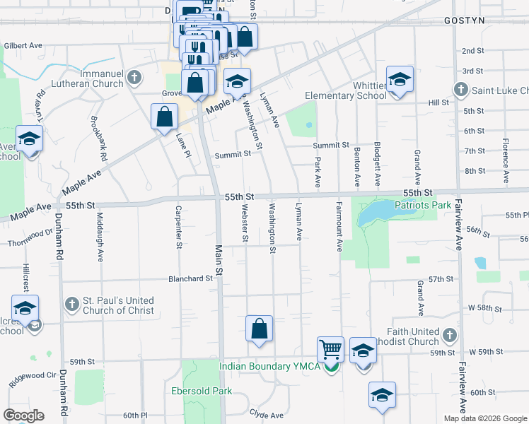 map of restaurants, bars, coffee shops, grocery stores, and more near 5516 Washington Street in Downers Grove